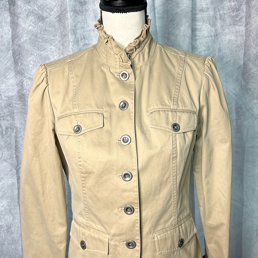Eddie Bauer Khaki Ruffle Collar Safari Jacket with Ruffle Cuffs - MP - Picture 2 of 16